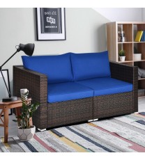 2PCS Patio Rattan Sectional Conversation Sofa Set-Navy - Color: Navy