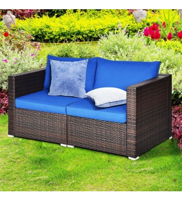 2PCS Patio Rattan Sectional Conversation Sofa Set-Navy - Color: Navy