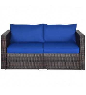 2PCS Patio Rattan Sectional Conversation Sofa Set-Navy - Color: Navy