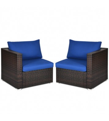 2PCS Patio Rattan Sectional Conversation Sofa Set-Navy - Color: Navy