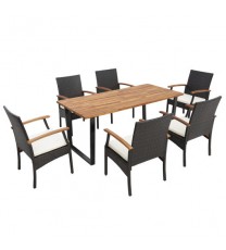 7 Pieces Outdoor Wicker Chair and Dining Table Set-Wood Handrail - Color: Black