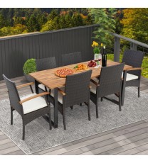 7 Pieces Outdoor Wicker Chair and Dining Table Set-Wood Handrail - Color: Black