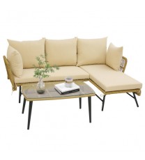 3 Pieces L-Shaped Patio Sofa with Cushions and Tempered Glass Table-Beige - Color: Beige