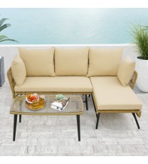 3 Pieces L-Shaped Patio Sofa with Cushions and Tempered Glass Table-Beige - Color: Beige