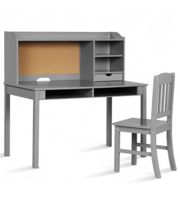 Kids Desk and Chair Set Study Writing Desk with Hutch and Bookshelves-Gray - Color: Gray