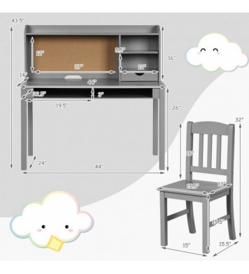 Kids Desk and Chair Set Study Writing Desk with Hutch and Bookshelves-Gray - Color: Gray