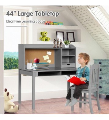 Kids Desk and Chair Set Study Writing Desk with Hutch and Bookshelves-Gray - Color: Gray