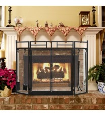 3-Panel Folding Wrought Iron Fireplace Screen with Doors and 4 Pieces Tools Set-Black - Color: Black