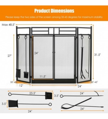 3-Panel Folding Wrought Iron Fireplace Screen with Doors and 4 Pieces Tools Set-Black - Color: Black