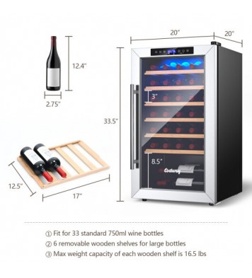 20 Inch Wine Refrigerator for 33 Bottles and Tempered Glass Door-Silver - Color: Silver