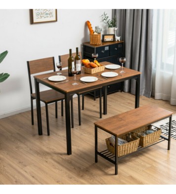 4 Pieces Rustic Dining Table Set with 2 Chairs and Bench-Brown - Color: Brown