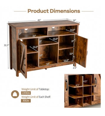 Farmhouse Sideboard with Detachable Wine Rack and Cabinets-Rustic Brown - Color: Rustic Brown