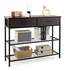 39.5 Inch Entryway Table with 2 Drawers and 2-Tier Shelves-Dark Brown - Color: Dark Brown