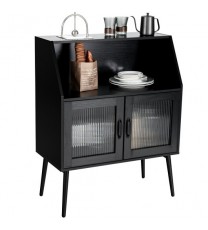 Kitchen Sideboard Buffet with Open Cubby and 2 Glass Doors-Black - Color: Black