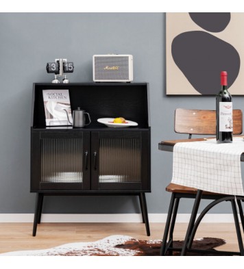 Kitchen Sideboard Buffet with Open Cubby and 2 Glass Doors-Black - Color: Black