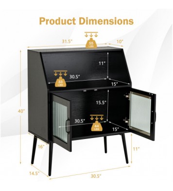 Kitchen Sideboard Buffet with Open Cubby and 2 Glass Doors-Black - Color: Black