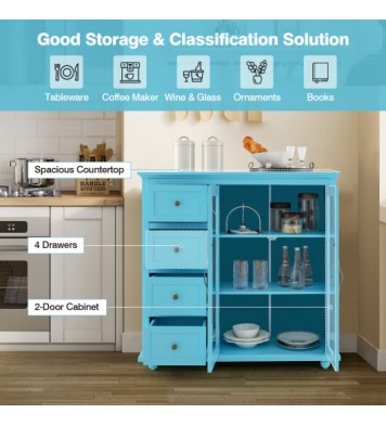 Buffet Sideboard Table Kitchen Storage Cabinet with Drawers and Doors-Blue - Color: Blue