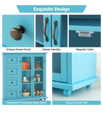 Buffet Sideboard Table Kitchen Storage Cabinet with Drawers and Doors-Blue - Color: Blue