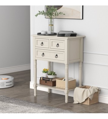 Narrow Console Table with 3 Storage Drawers and Open Bottom Shelf-Beige - Color: Beige