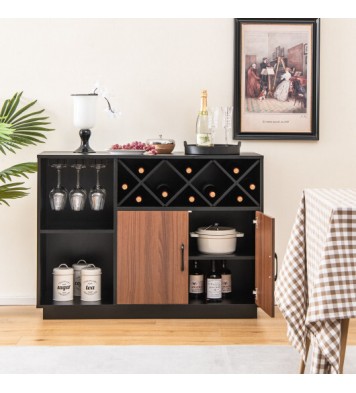 Industrial Sideboard Cabinet with Removable Wine Rack and Glass Holder - Color: Black