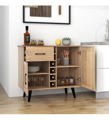 2-Door Buffet Sideboard with 6-Bottle Wine Rack Drawer - Color: Natural