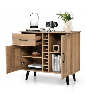 2-Door Buffet Sideboard with 6-Bottle Wine Rack Drawer - Color: Natural