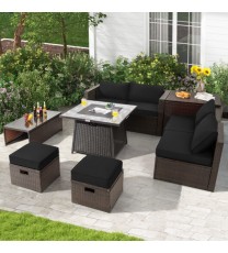 9 Pieces Patio PE Wicker Sectional Set with 50000 BTU Fire Pit Table-Black - Color: Black