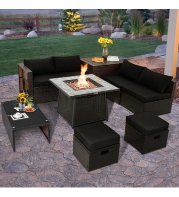 9 Pieces Patio PE Wicker Sectional Set with 50000 BTU Fire Pit Table-Black - Color: Black