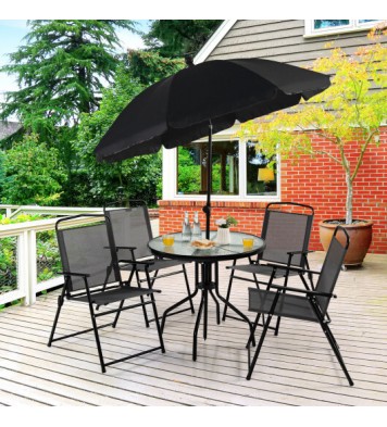 6 Pieces Patio Dining Set Folding Chairs Glass Table Tilt Umbrella for Garden-Gray - Color: Gray