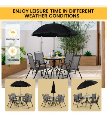 6 Pieces Patio Dining Set Folding Chairs Glass Table Tilt Umbrella for Garden-Gray - Color: Gray