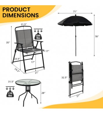 6 Pieces Patio Dining Set Folding Chairs Glass Table Tilt Umbrella for Garden-Gray - Color: Gray