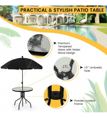 6 Pieces Patio Dining Set Folding Chairs Glass Table Tilt Umbrella for Garden-Gray - Color: Gray