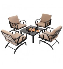 5 Pieces Patio Rocking Chairs and 4-in-1 Fire Pit Table with Fire Poker - Color: Brown