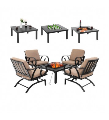 5 Pieces Patio Rocking Chairs and 4-in-1 Fire Pit Table with Fire Poker - Color: Brown