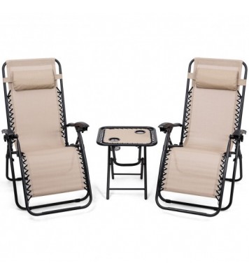 3 Pieces Folding Portable Zero Gravity Reclining Lounge Chairs Table Set-Beige - Color: Beige