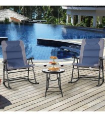 3 Pcs Outdoor Folding Rocking Chair Table Set with Cushion-Blue - Color: Blue