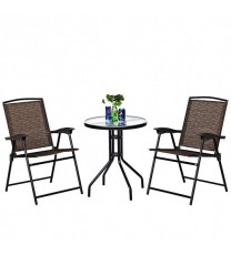 3 Pieces Bistro Patio Garden Furniture Set of Round Table and Folding Chairs - Color: Brown