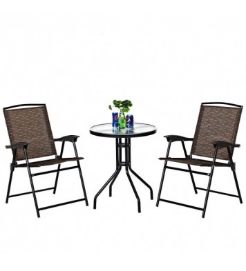 3 Pieces Bistro Patio Garden Furniture Set of Round Table and Folding Chairs - Color: Brown