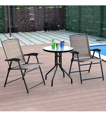 3 Pieces Bistro Patio Garden Furniture Set of Round Table and Folding Chairs - Color: Brown