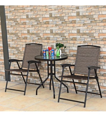 3 Pieces Bistro Patio Garden Furniture Set of Round Table and Folding Chairs - Color: Brown