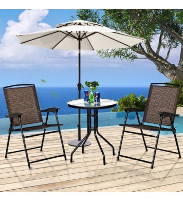 3 Pieces Bistro Patio Garden Furniture Set of Round Table and Folding Chairs - Color: Brown