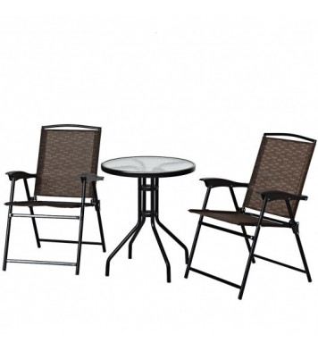 3 Pieces Bistro Patio Garden Furniture Set of Round Table and Folding Chairs - Color: Brown