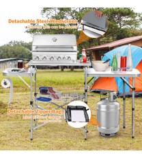 Foldable Outdoor BBQ Portable Grilling Table With Windscreen Bag - Color: Brown