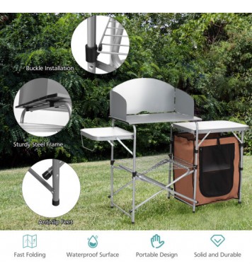 Foldable Outdoor BBQ Portable Grilling Table With Windscreen Bag - Color: Brown