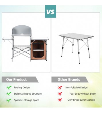 Foldable Outdoor BBQ Portable Grilling Table With Windscreen Bag - Color: Brown