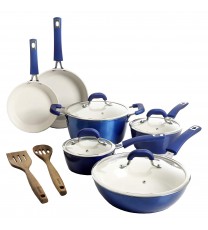 Kenmore Arlington 12 Piece Aluminum Ceramic Coated Nonstick Cookware Set in Metallic Blue