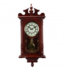 Bedford Collection 25 Inch Wall Clock with Pendulum and Chime in Dark Redwood Oak Finish