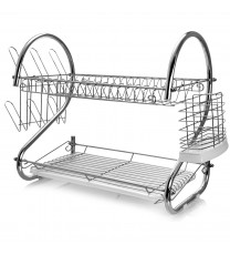 MegaChef 16 Inch Two Shelf Dish Rack with Easily Removable Draining Tray, 6 Cup Hangers and Removable Utensil Holder