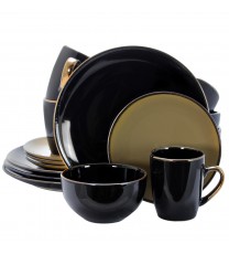 Elama Cambridge Grand 16-Piece Dinnerware Set in Luxurious Black and Warm Taupe with Complete Setting for 4