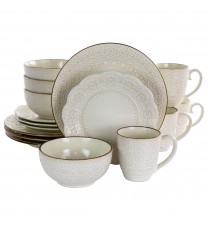 Elama Contessa 16 Piece Embossed Scalloped Stoneware Dinnerware Set in Ivory